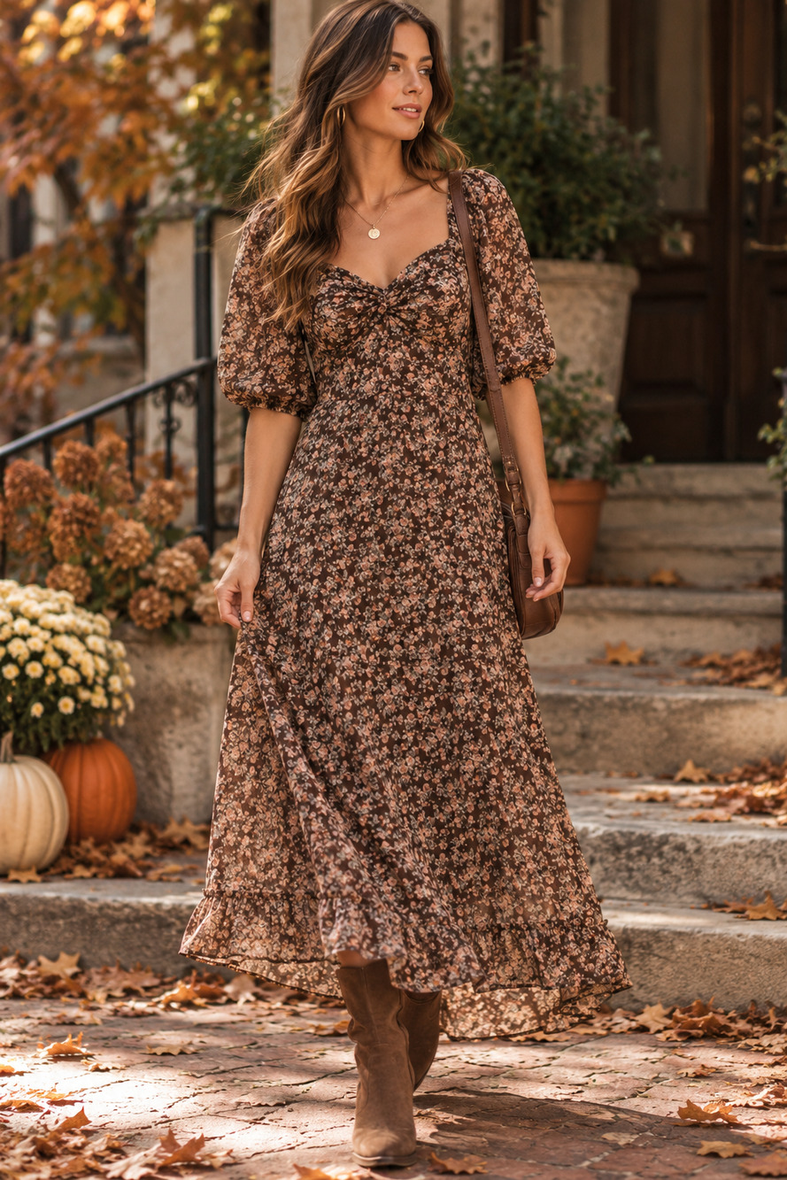 Boho chic brown floral puff sleeve Maxi dress Balticborn Size Large Prairie